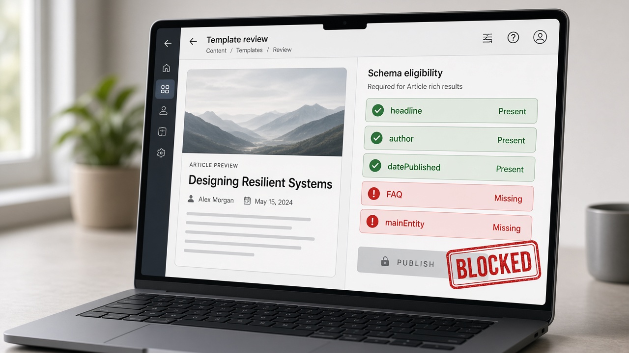 Schema eligibility gates checklist blocking publish when required structured data fields fail