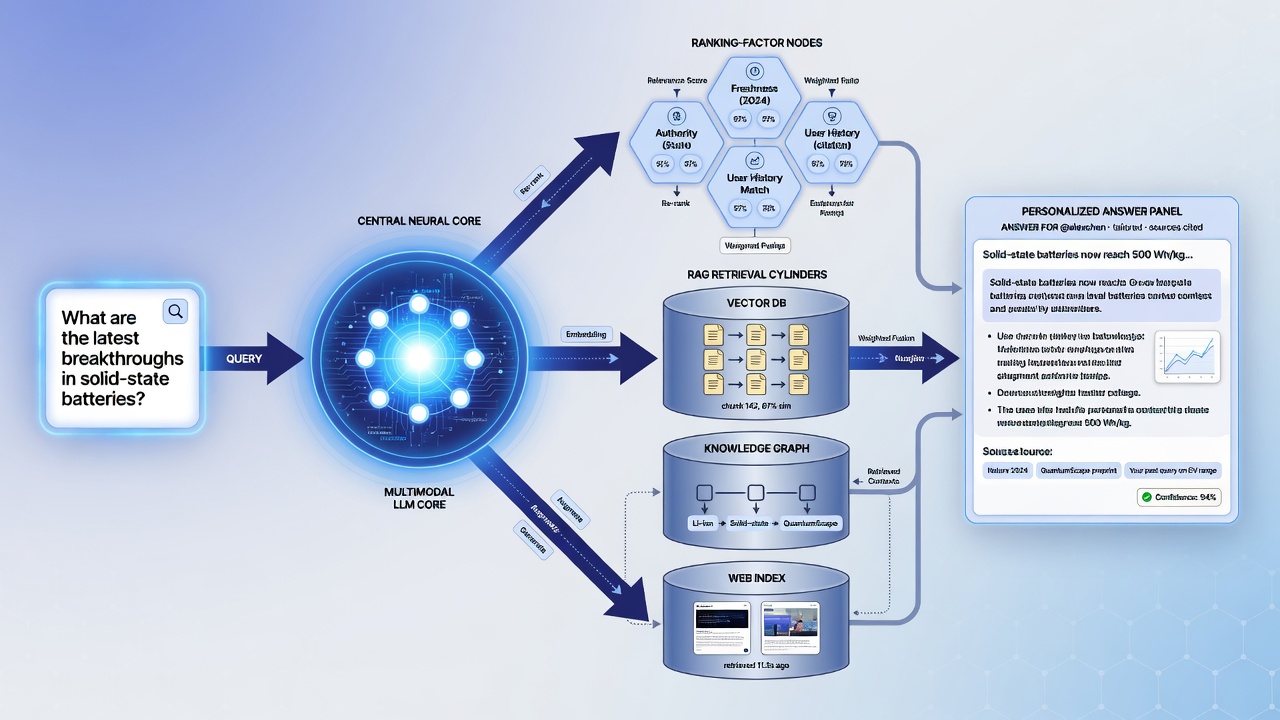 AI SEO mechanics diagram with RAG retrieval and ranking factors