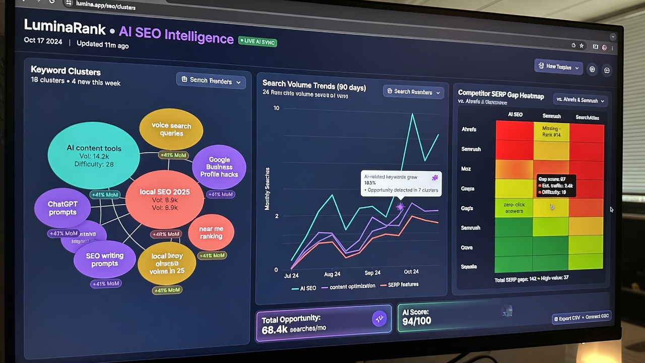 AI SEO dashboard showing keyword clusters and SERP analysis