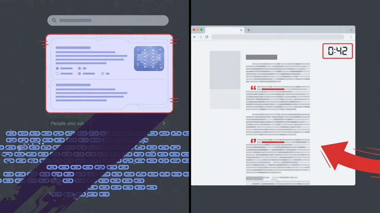 AI Overview overshadowing organic results beside a bouncing autoblogged article with short dwell time