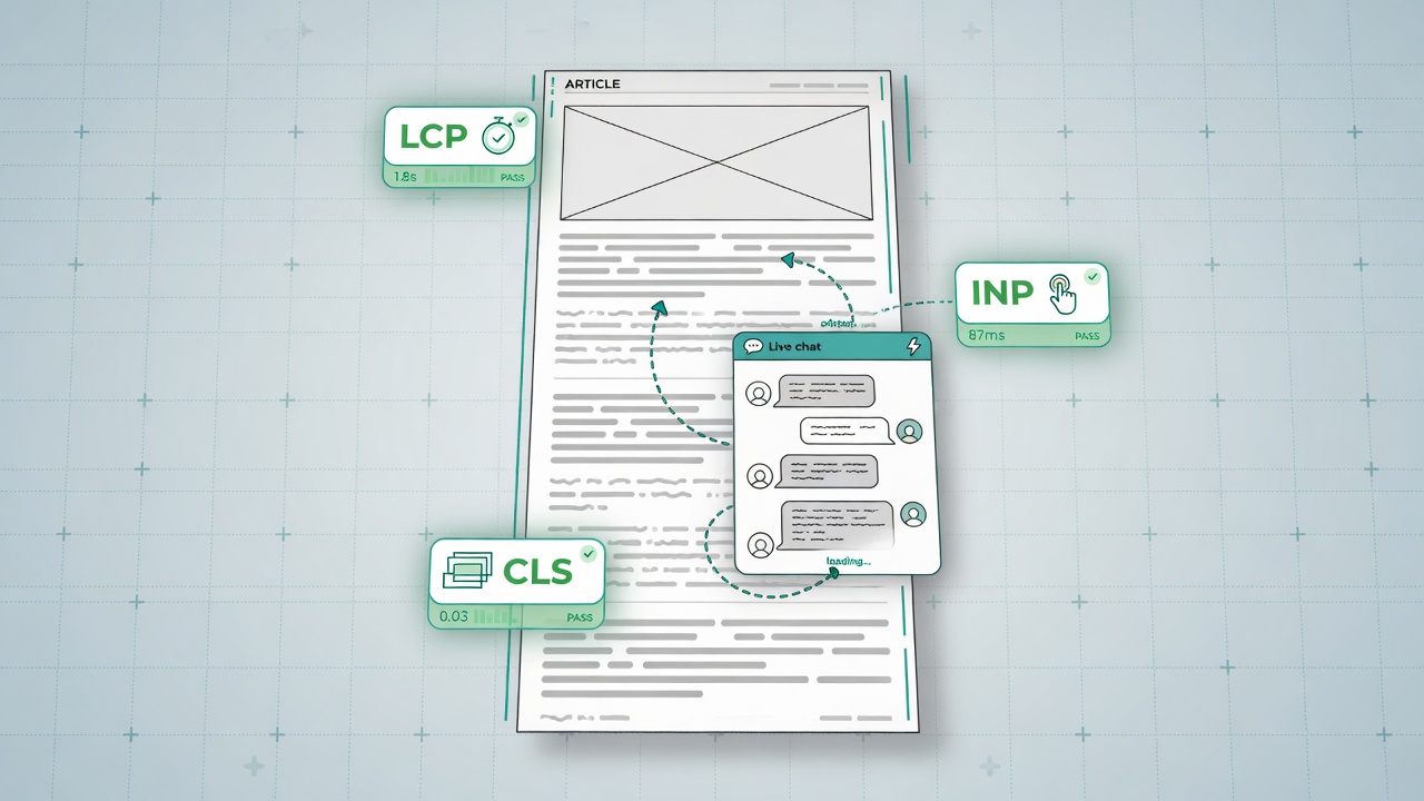 SEO-safe in-article AI chat layout diagram with lazy-load and Core Web Vitals callouts