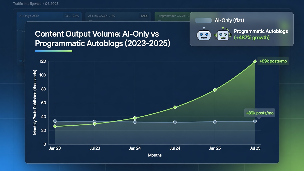 Traffic growth benchmarks comparing AI-only vs programmatic SEO autoblogs