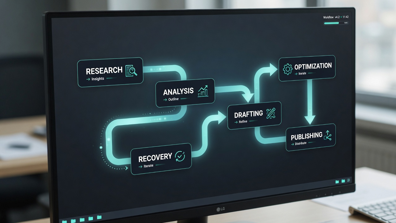 SEO automation pipeline workflow diagram on monitor