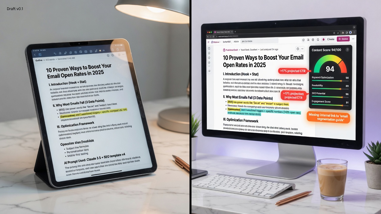AI content drafting transforming into optimized article