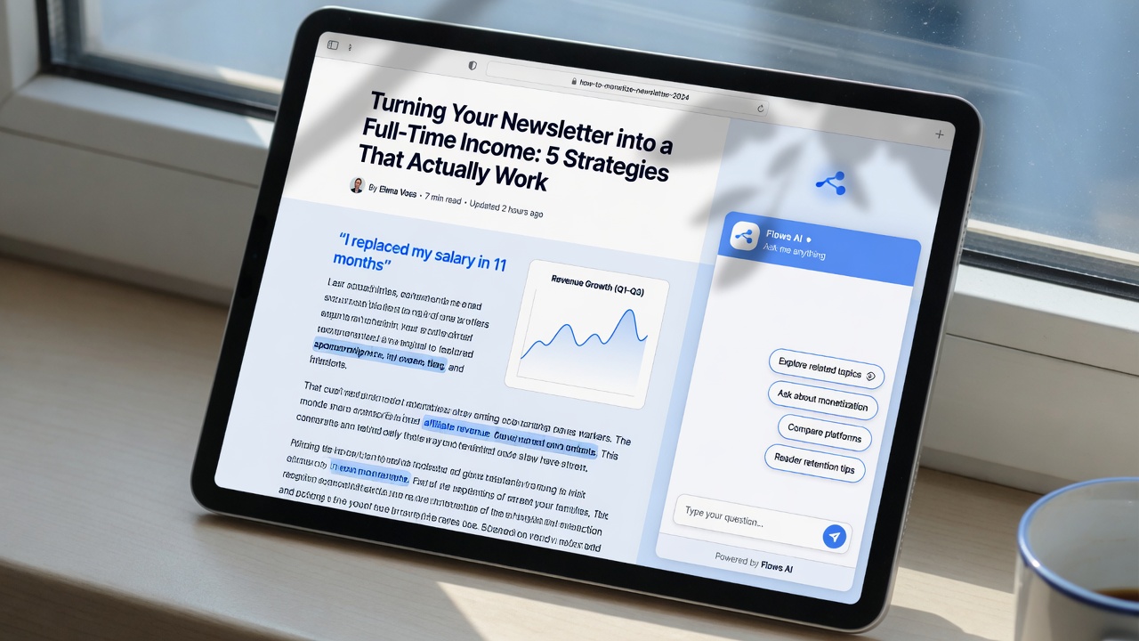 Flows AI chat widget embedded in automated article for reader navigation