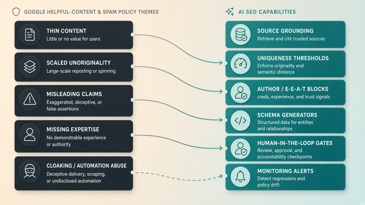 Policy-to-feature map linking Google helpful content and spam rules to AI SEO tool capabilities