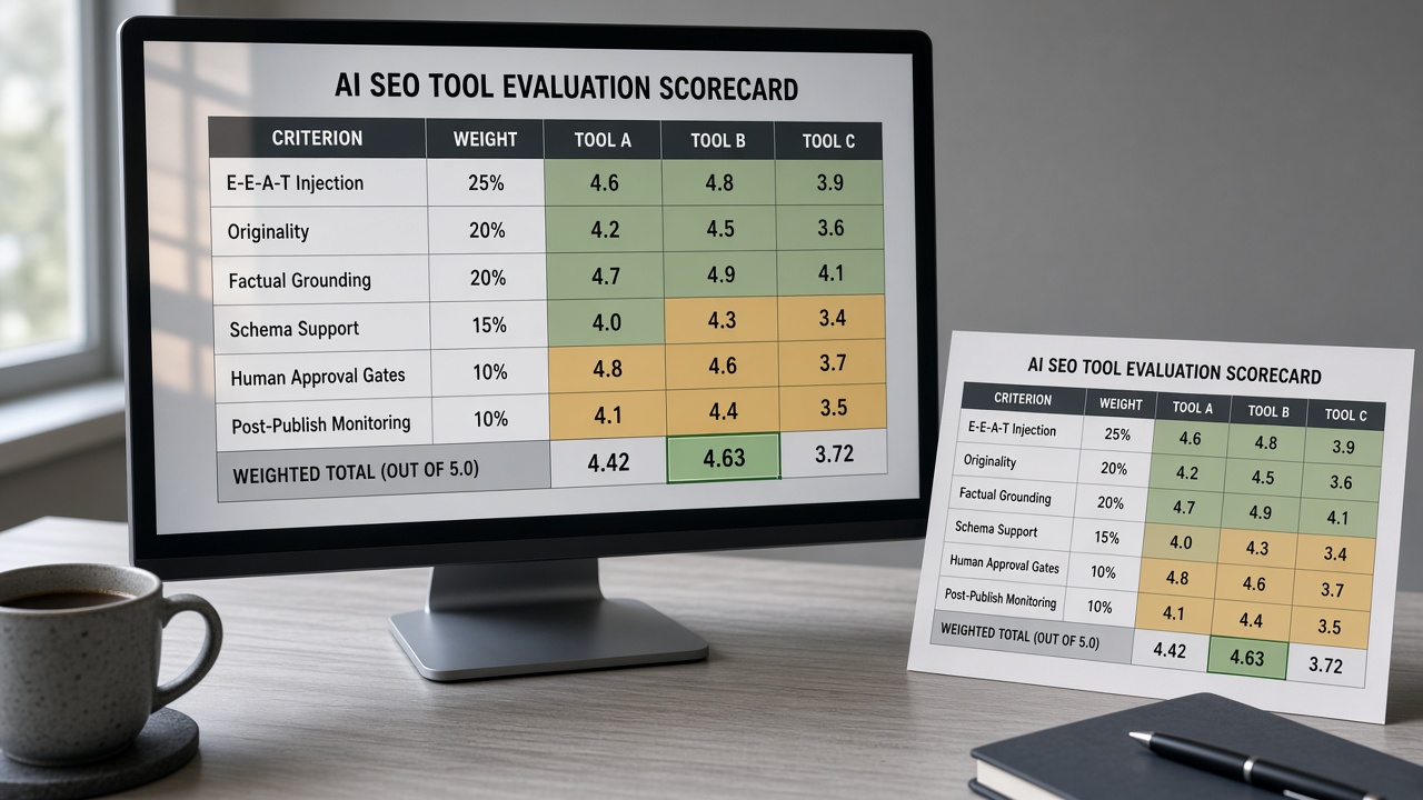 Weighted scorecard spreadsheet comparing AI SEO platforms on E-E-A-T, originality, schema, and human gates
