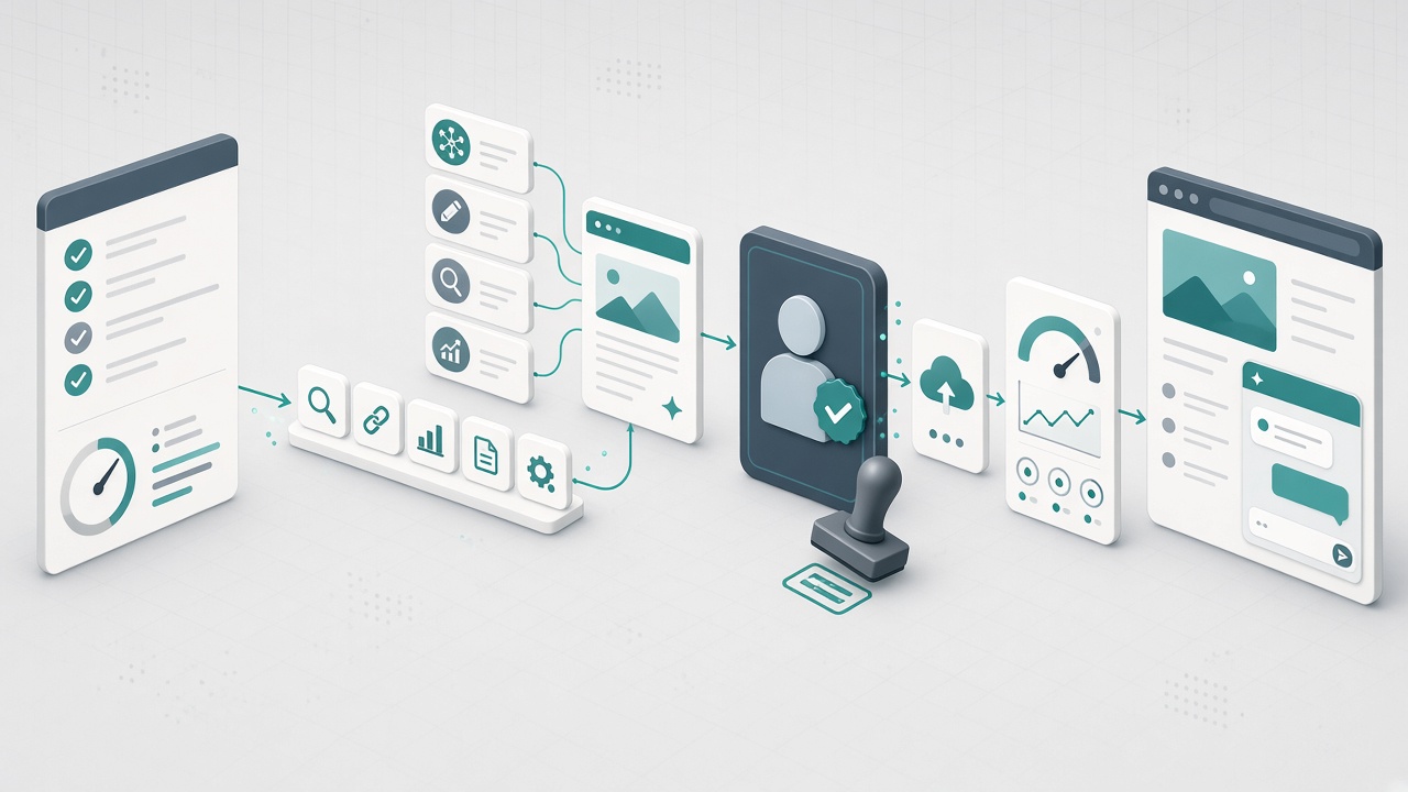 Hybrid AI SEO stack workflow from go/no-go checklist through human gates, publish, monitoring, and in-article chat