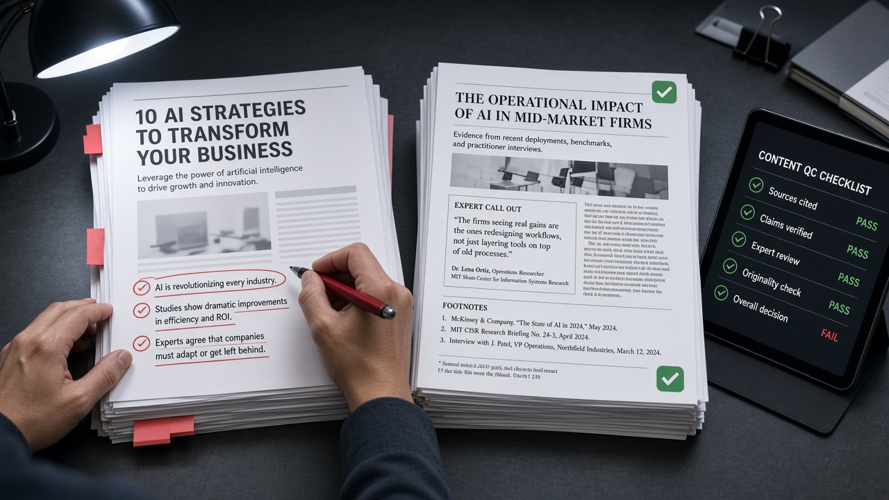 Red-flag content audit comparing thin AI SEO sample outputs with sourced expert-framed drafts
