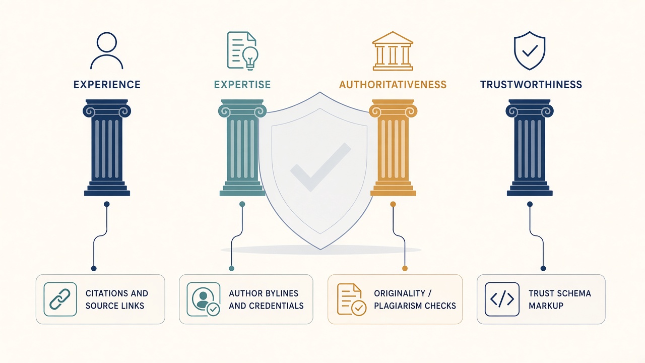 E-E-A-T pillars diagram mapped to AI SEO tool features for citations, authors, originality, and trust schema