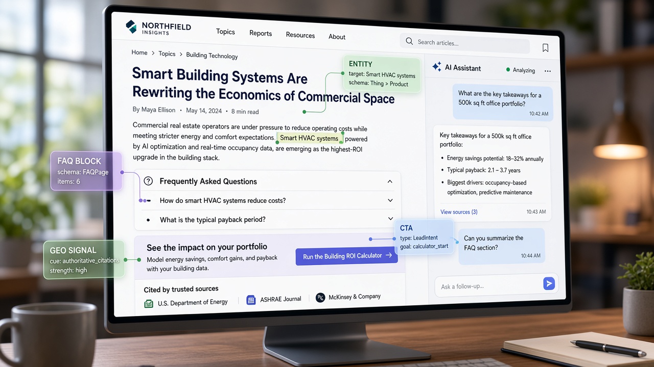Published article with AI chat panel and SEO spec fields for entities FAQ and CTA highlighted