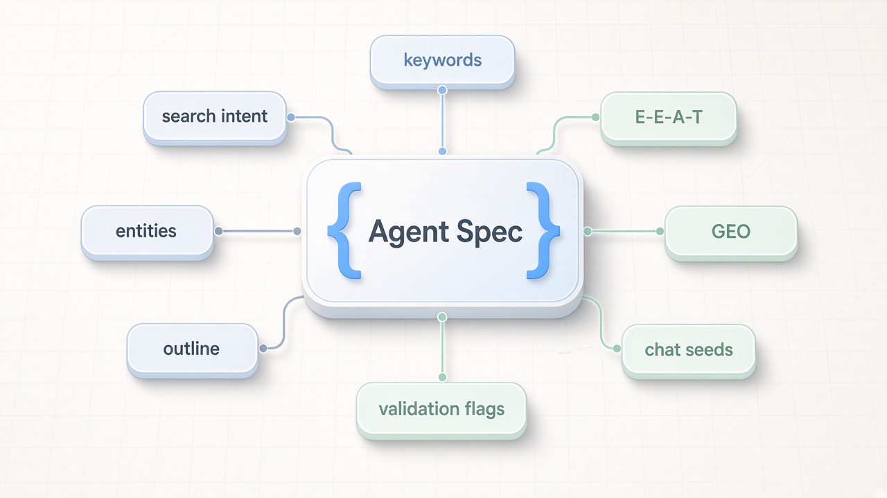 Annotated diagram of core fields in a machine-readable SEO agent spec object