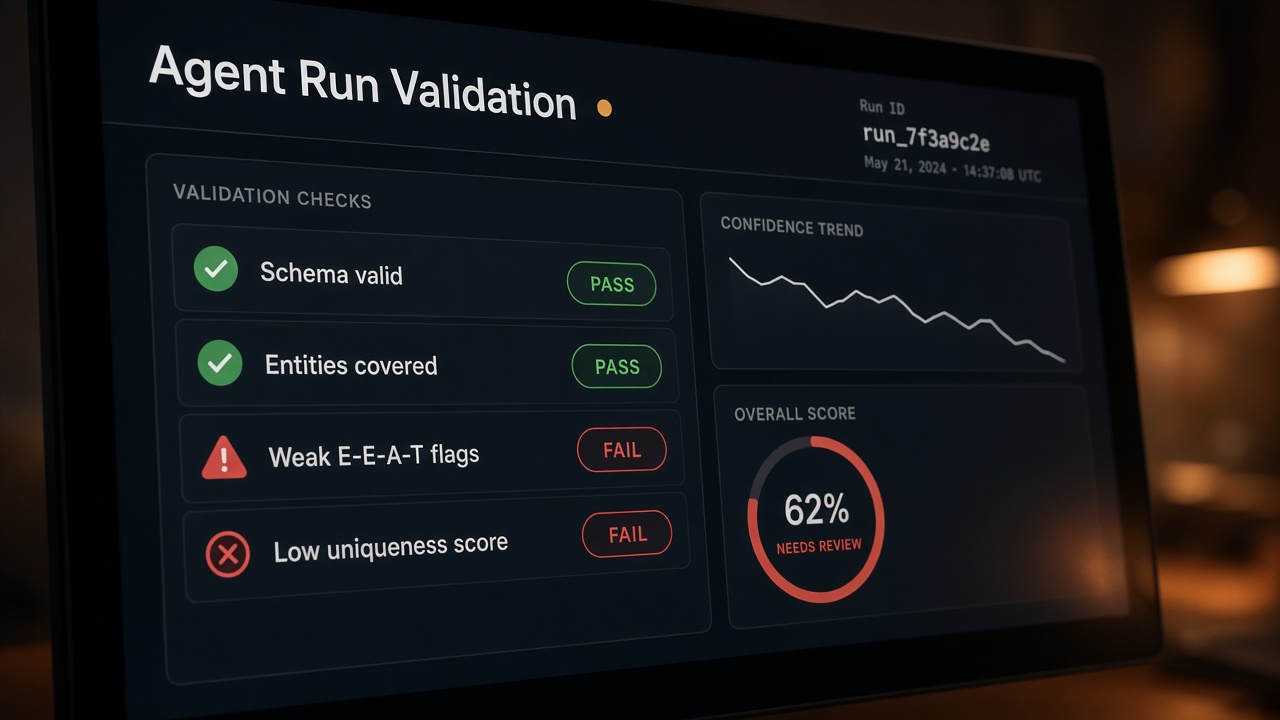 Validation gates UI showing pass and fail checks on an AI SEO agent content run