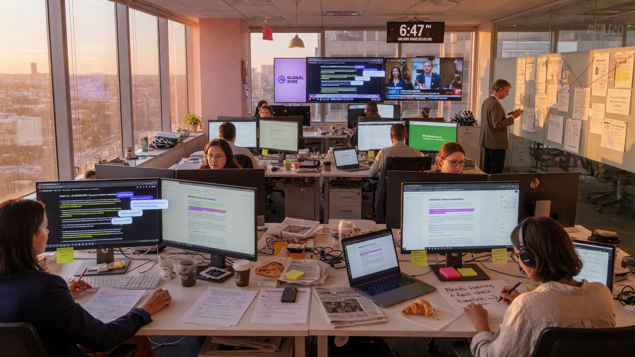 modern newsroom with AI drafts and human editors collaborating