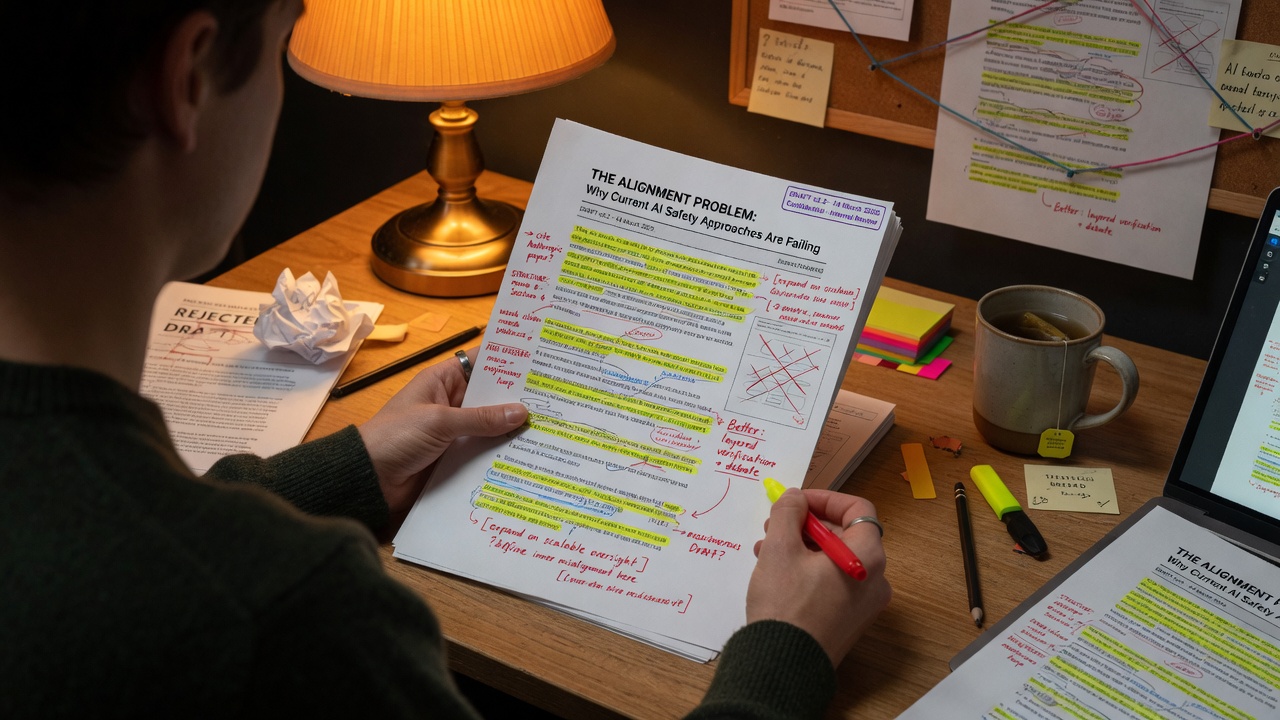 editor marking up AI-generated article with structured edits