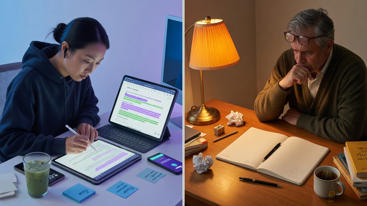 split view comparing AI-assisted editing speed versus traditional writing