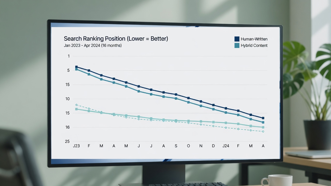 SEO ranking graph comparing hybrid AI content to human content