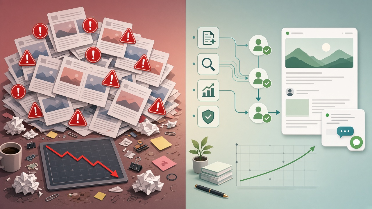 Split illustration comparing chaotic full AI autopilot SEO content versus calm hybrid human-AI workflow