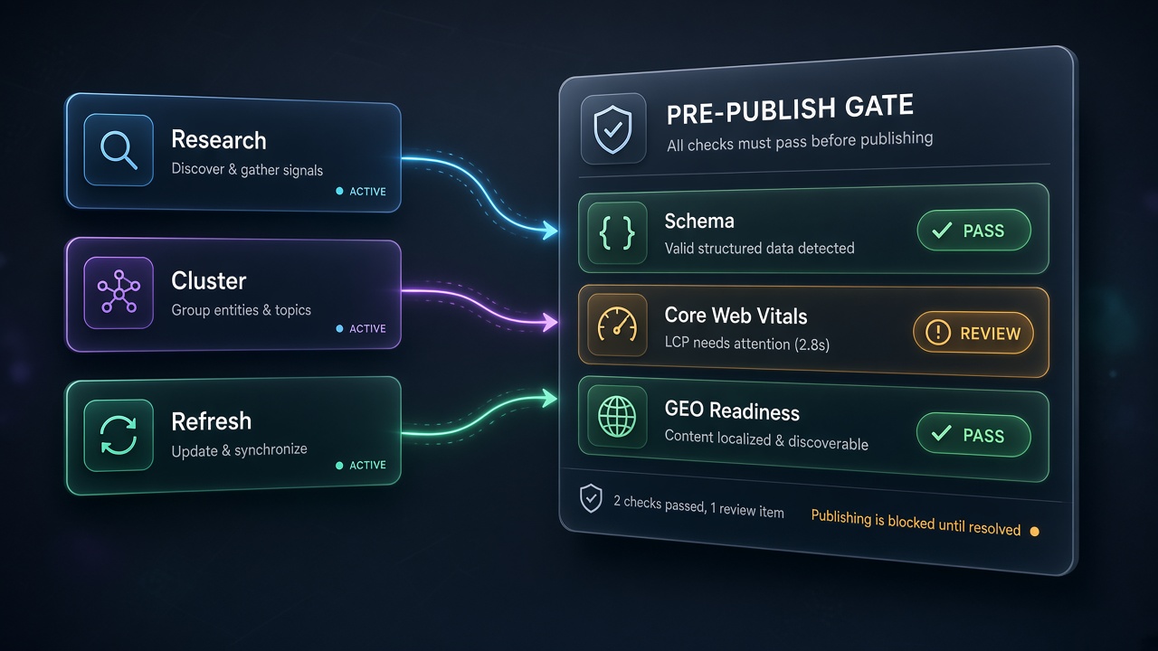 Multi-agent crew dashboard feeding technical and GEO pre-publish gates for hybrid SEO workflows