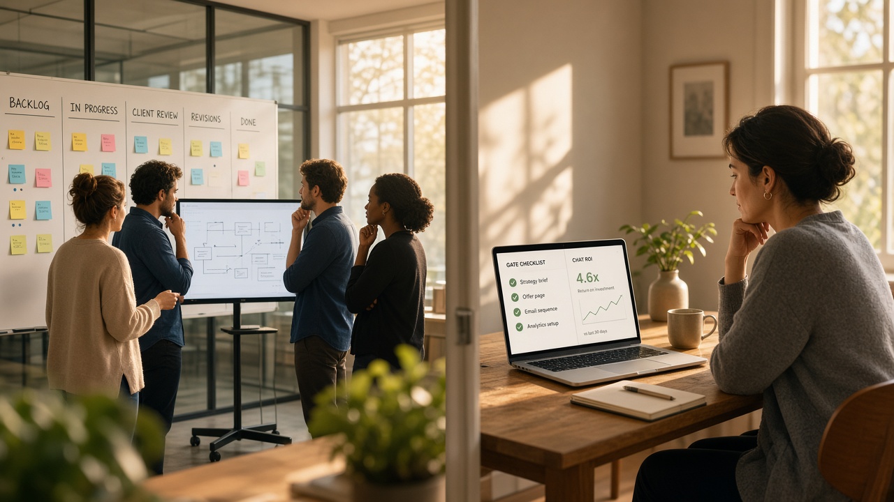 Side-by-side workspaces showing agency team hybrid SEO playbook versus solopreneur laptop checklist