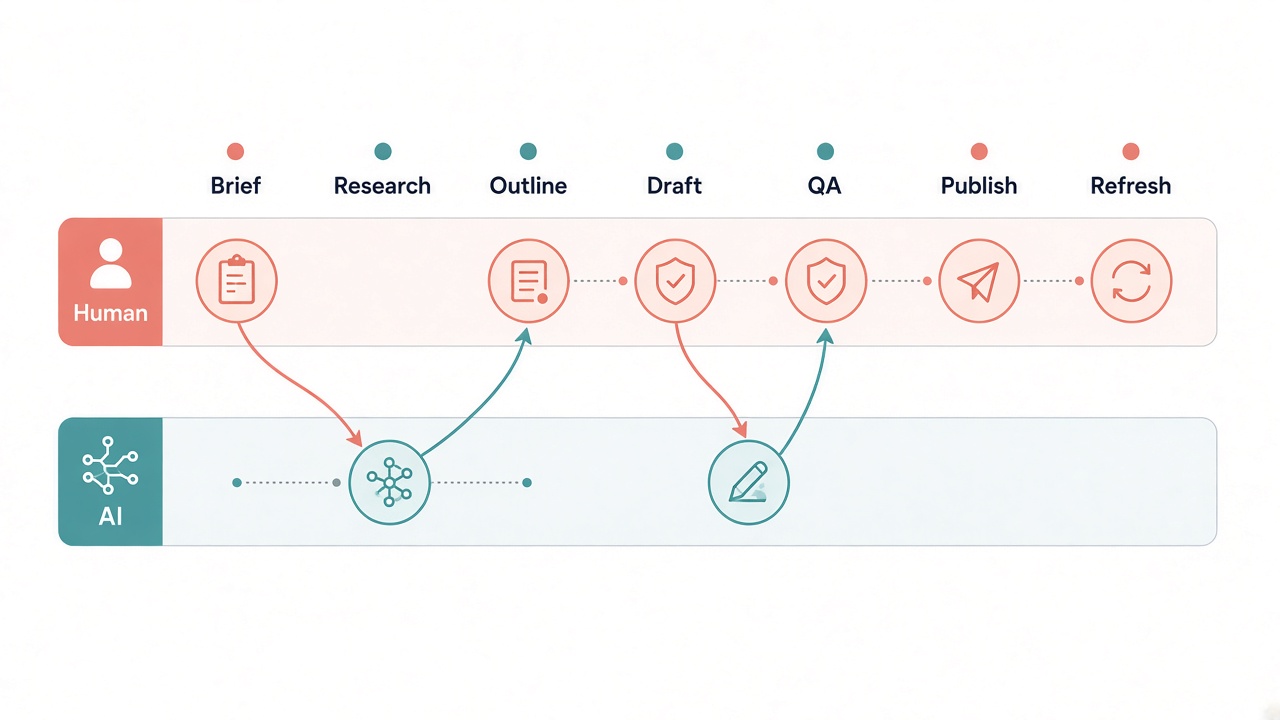 Swimlane diagram mapping human vs AI handoffs across an SEO content workflow from brief to refresh