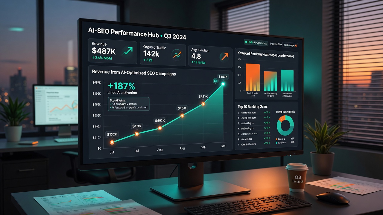 Analytics dashboard showing revenue growth from AI-optimized SEO campaigns