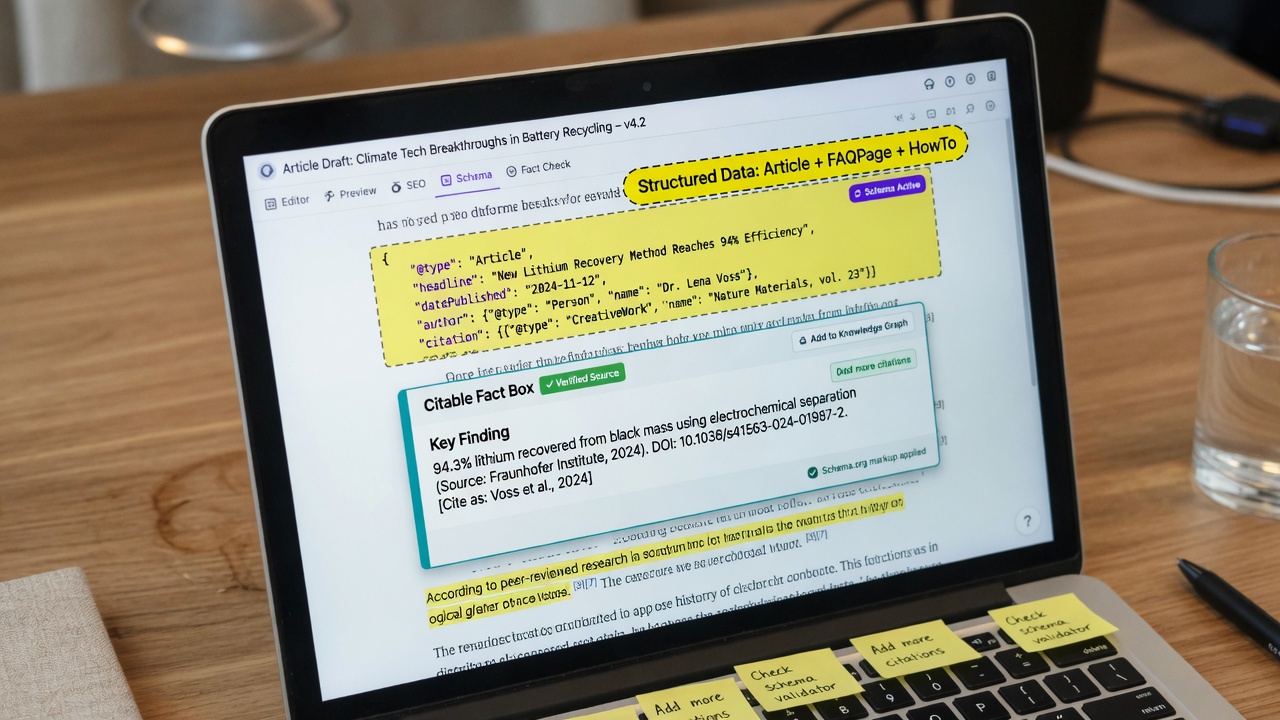 Content editor optimizing for AI Overviews with schema and fact boxes
