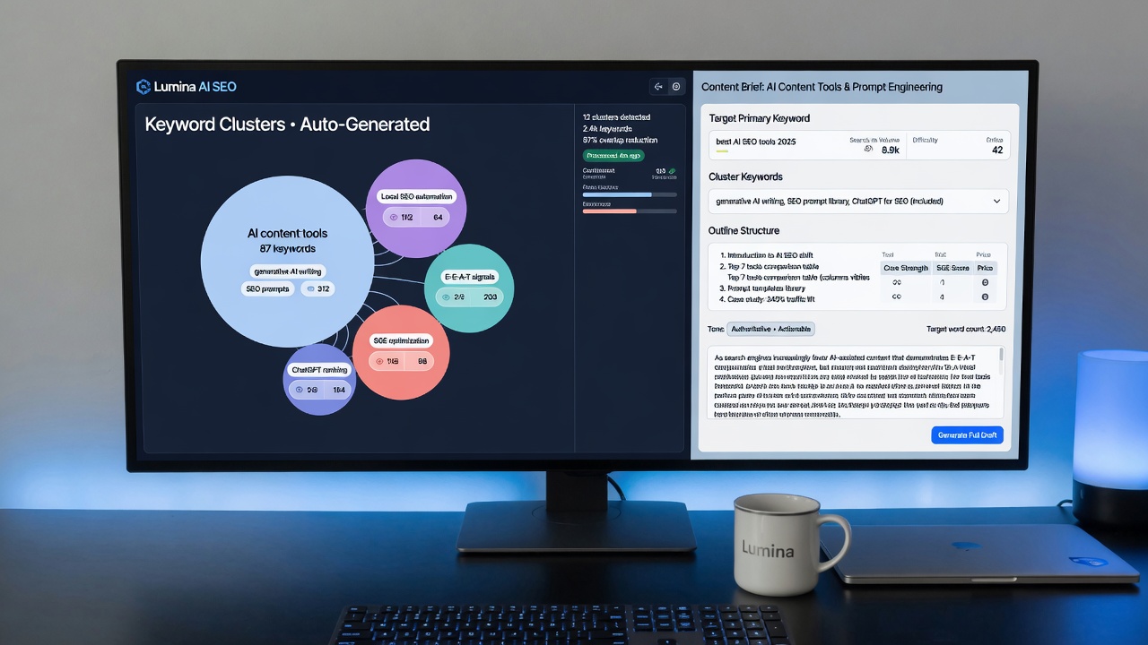 AI SEO platform automating keyword clustering and content brief generation
