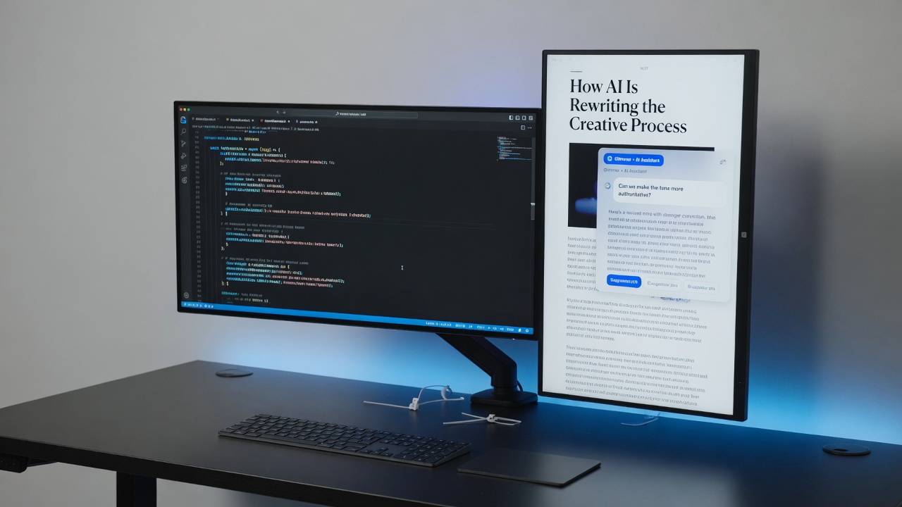 Step-by-step AI chat integration process with code and live preview on dual monitors