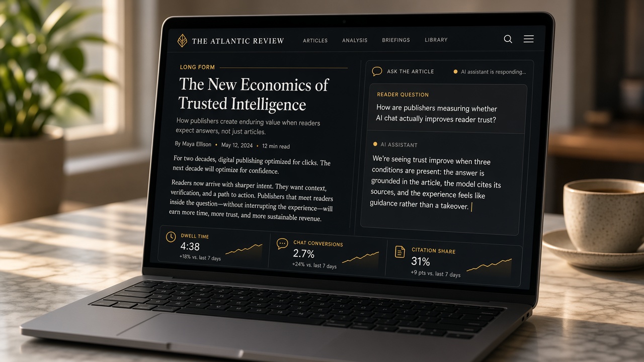 In-article AI chat monetization panel with dwell time and conversion metrics on a published page
