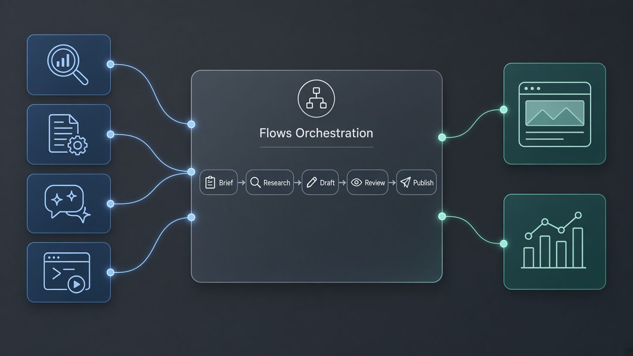 Architecture map of SEO stack tools flowing into a hybrid Flows workflow toward CMS