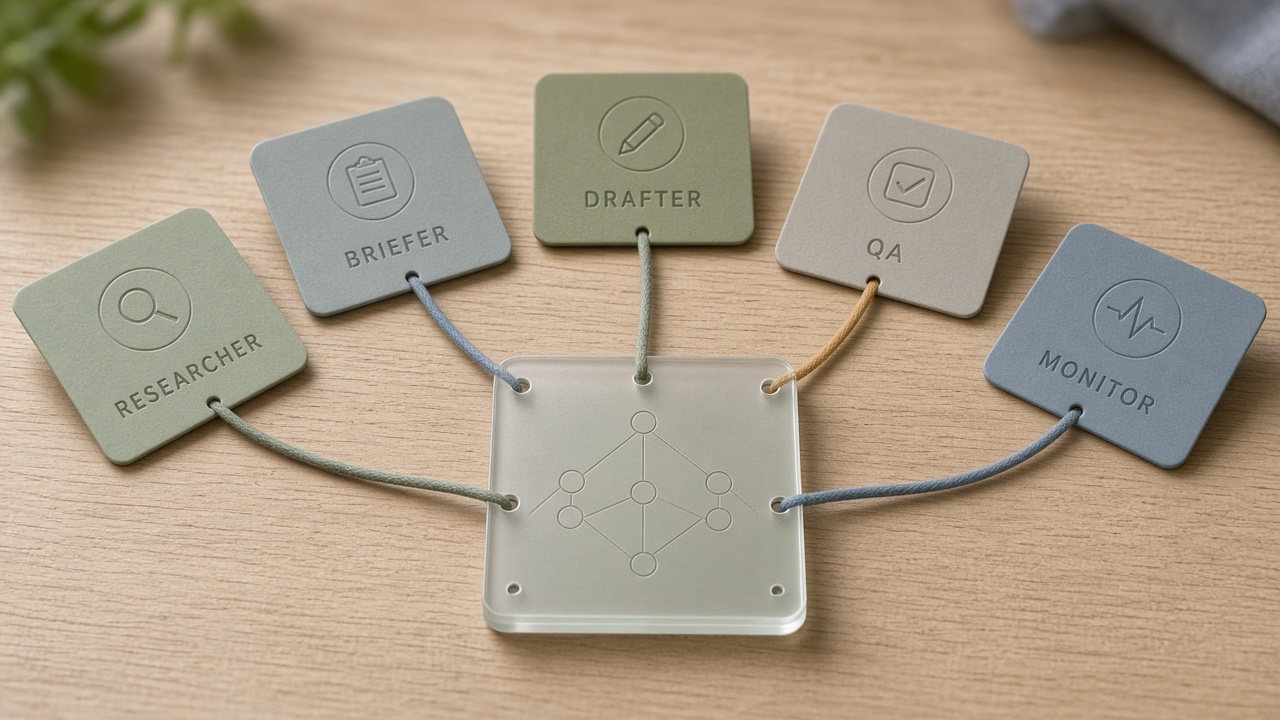 Multi-agent crew role cards for researcher briefer drafter QA and monitor in a Flows pattern