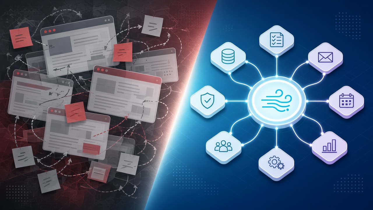 Best-of-breed tools before and after hybrid Flows orchestration comparison illustration