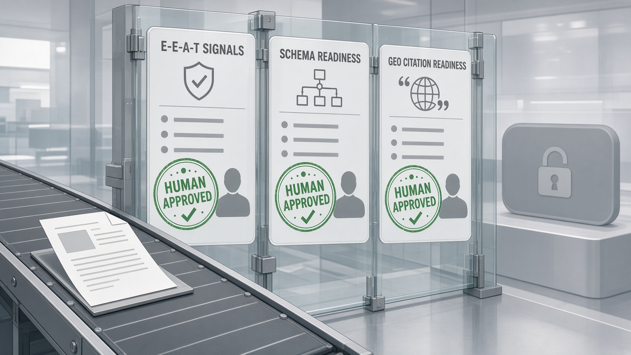 E-E-A-T GEO and schema quality gates with human approval stamps before publish