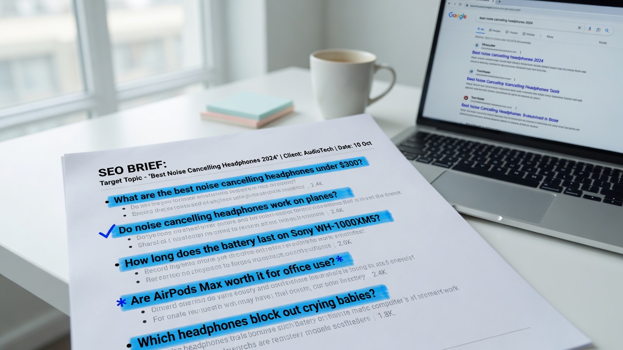 SEO content brief document with highlighted reader questions
