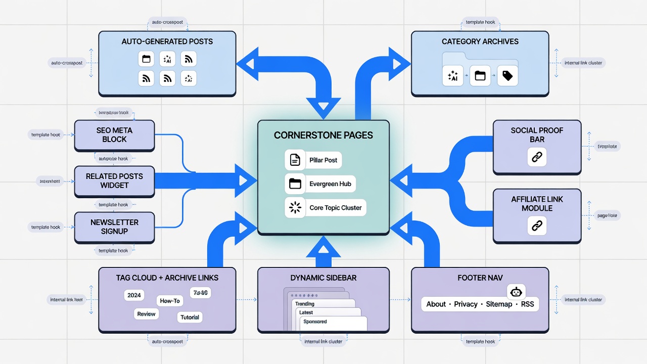 Autoblogged template diagram showing automated internal links to cornerstone pages
