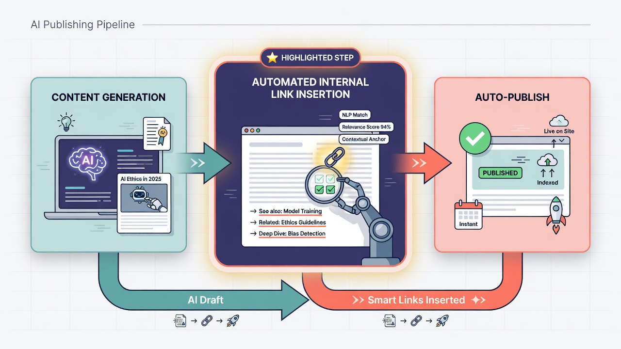 Publishing workflow diagram showing internal linking automation integrated before auto-publish