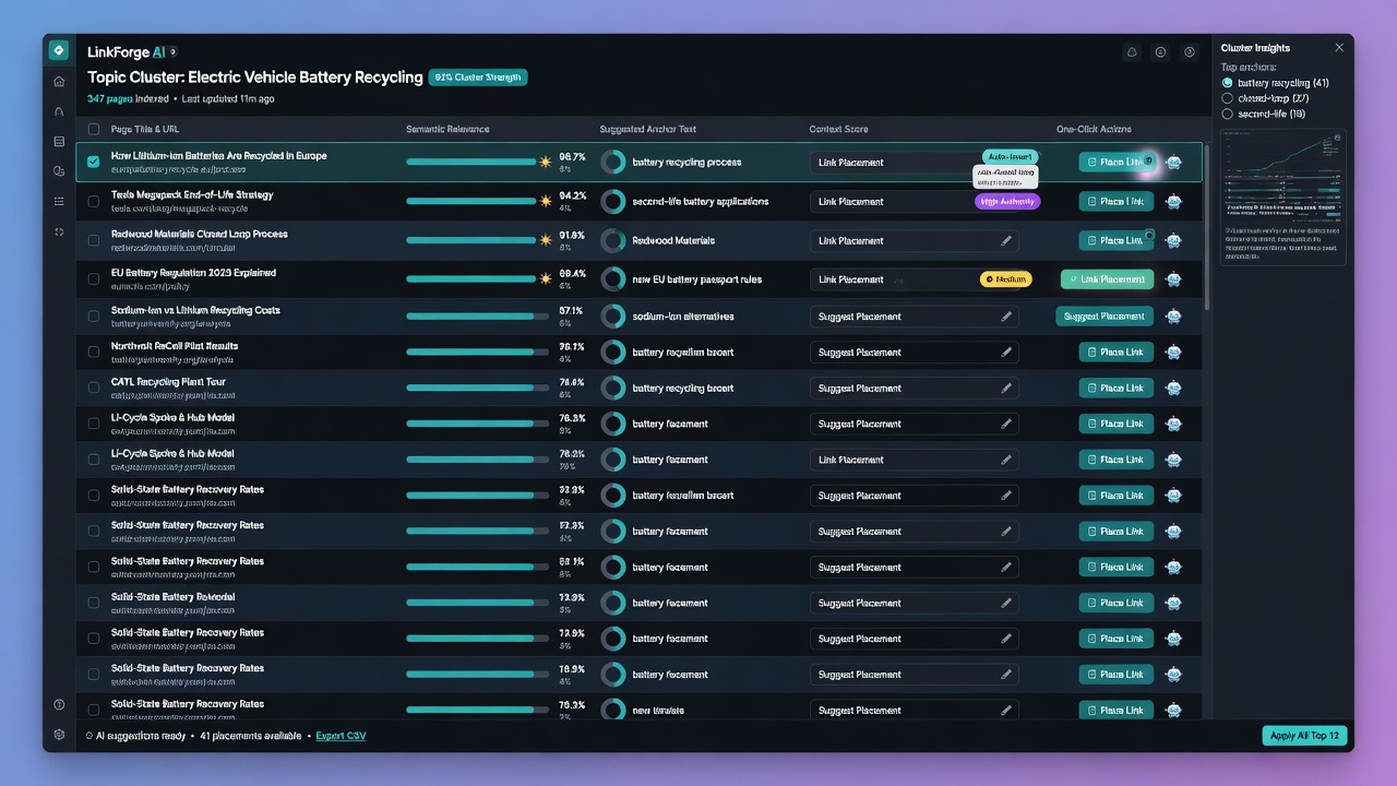 Advanced internal linking automation platform dashboard with relevance scores across topic clusters