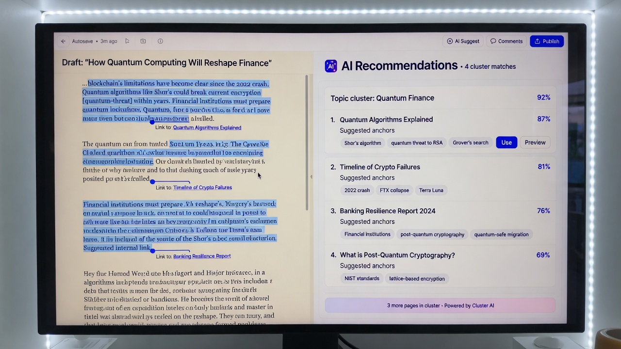 AI internal linking tool suggesting contextual links inside article editor interface