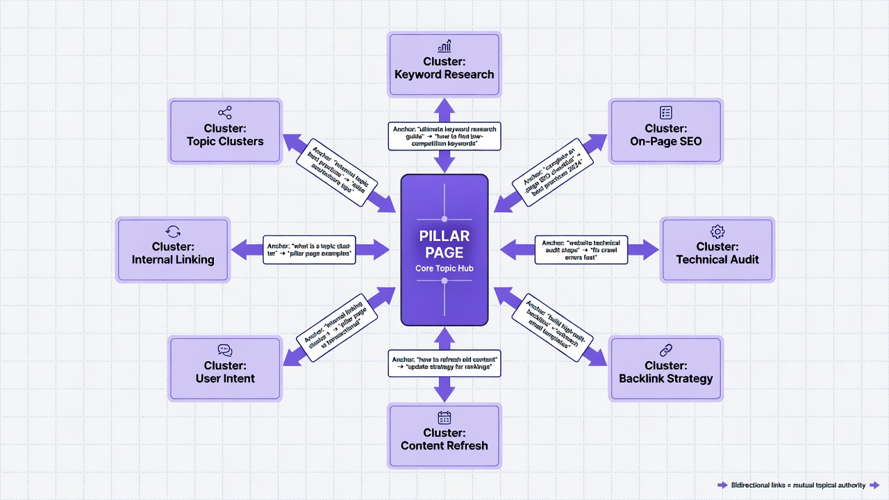 Topic cluster diagram with pillar page and bidirectional internal links to cluster content