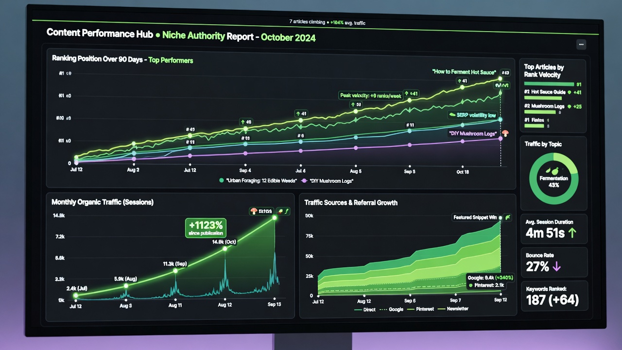 SEO analytics dashboard tracking rankings and traffic growth
