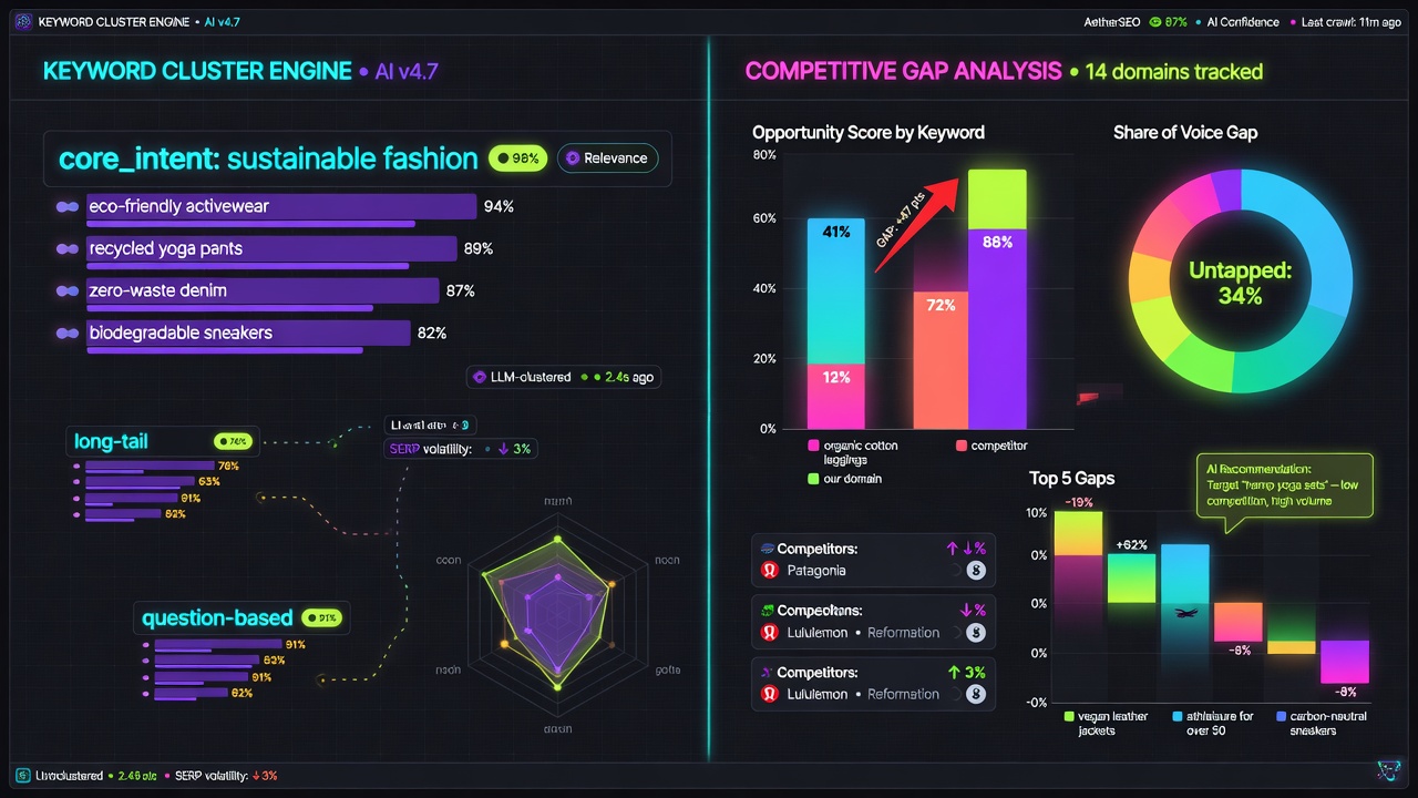AI SEO tool interface with clustered keywords and gap analysis