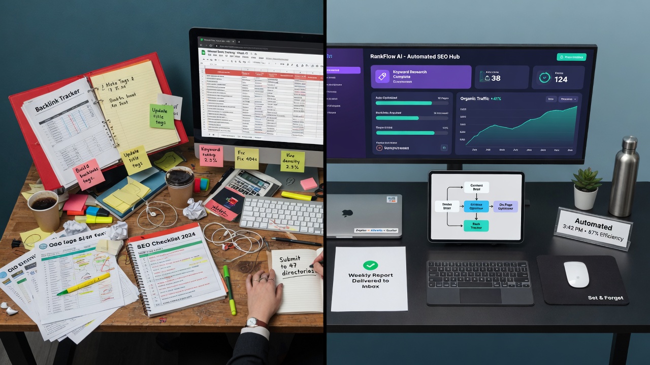 Manual versus automated SEO workflow comparison illustration