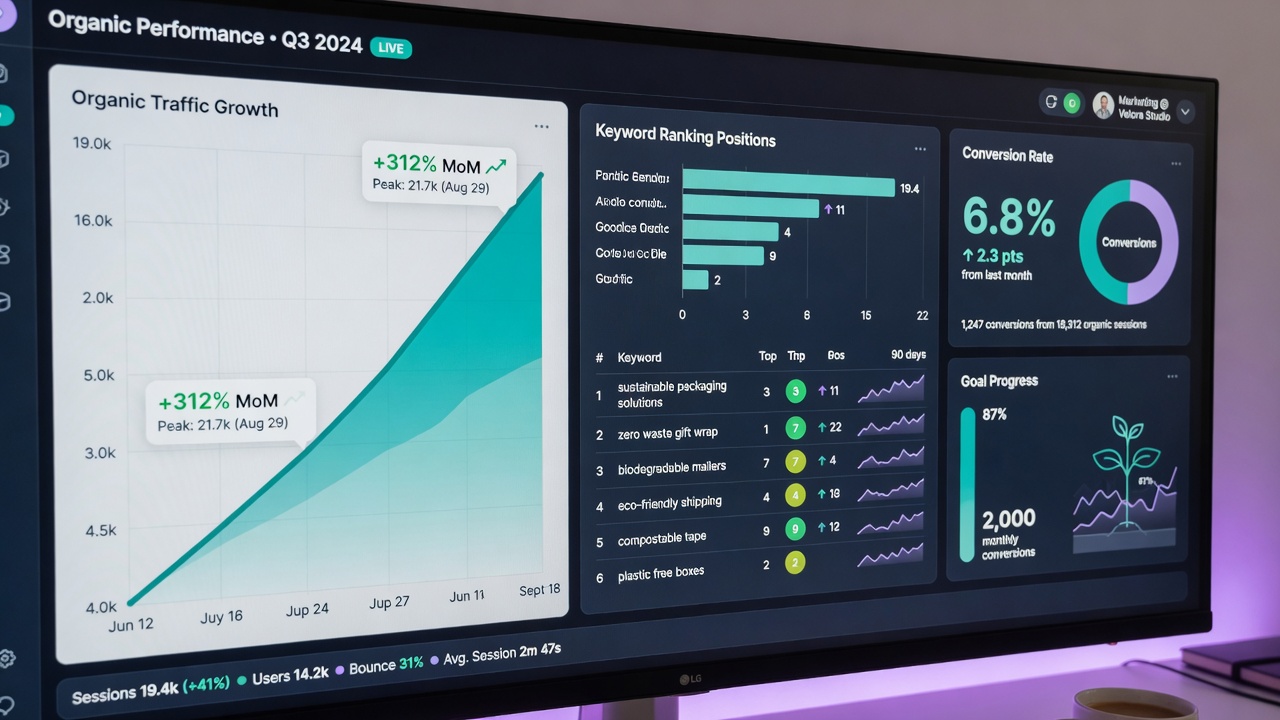 AI SEO metrics dashboard with traffic, rankings and conversions