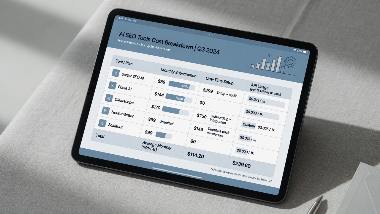 Breakdown chart of monthly and one-time costs for SEO agent tools