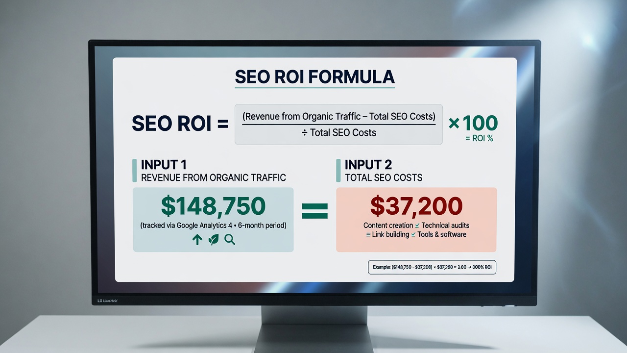 SEO ROI formula infographic with revenue and cost inputs