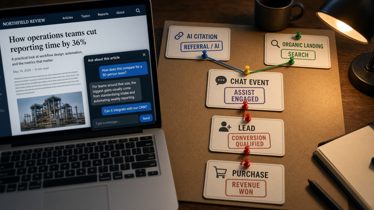 Attribution flow for in-article chat and AI-referral revenue from SEO landing pages