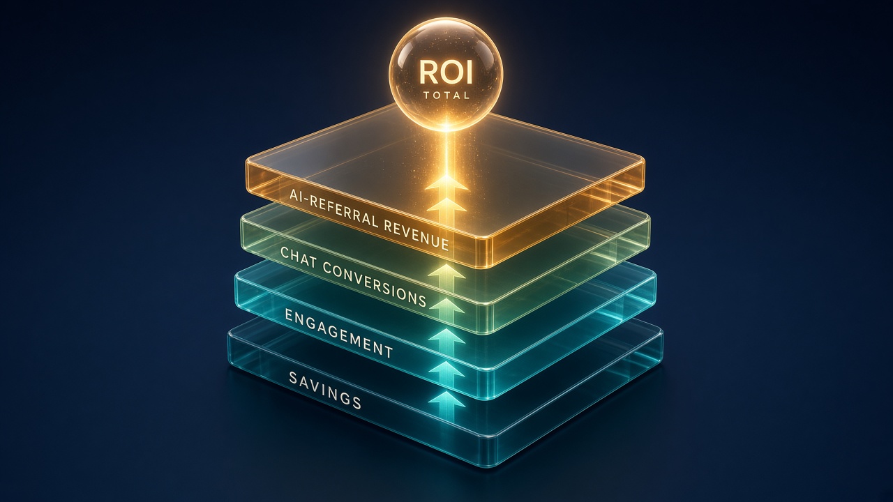 Four-layer SEO automation value stack: savings, engagement, chat conversions, AI-referral revenue