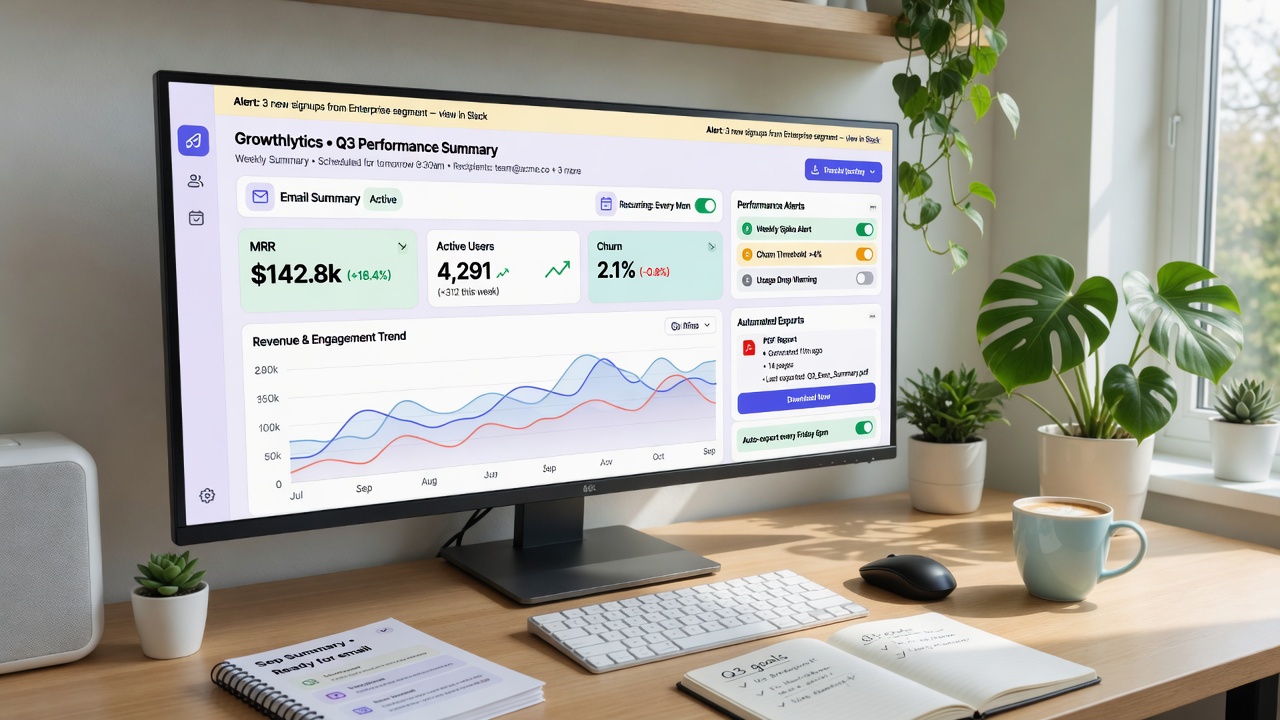 Automated SEO reporting interface with scheduled alerts and summaries