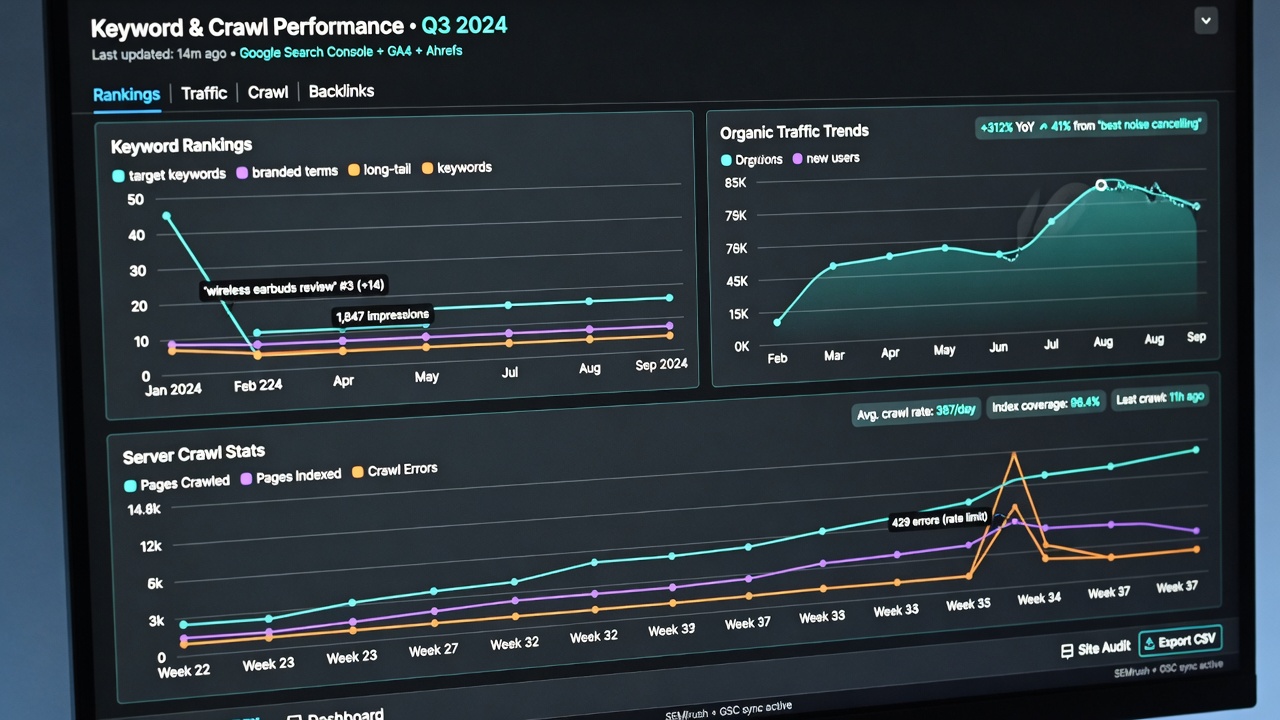 Core programmatic SEO metrics dashboard with ranking and traffic graphs